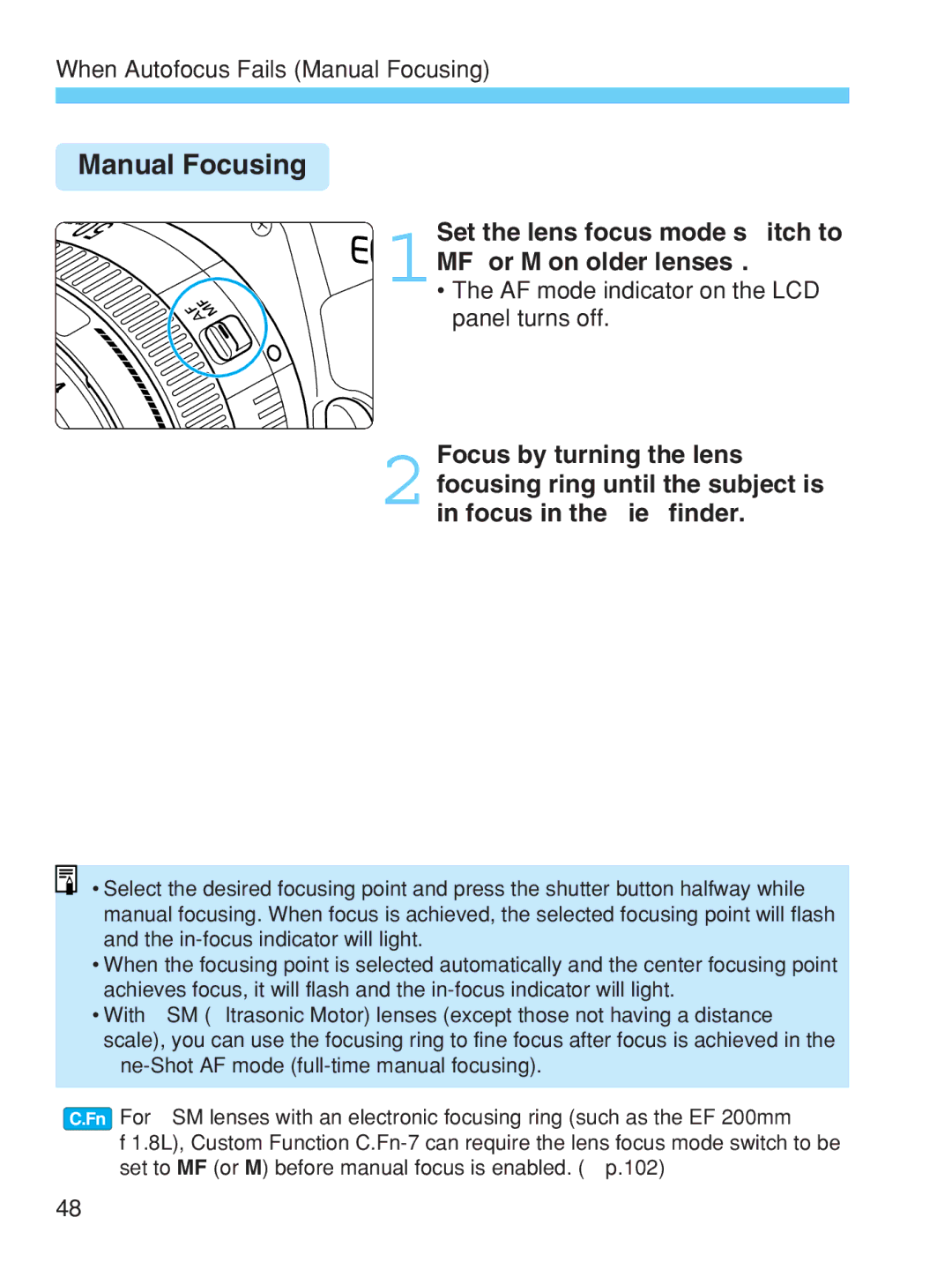 Canon EOS-1V HS manual Manual Focusing, Set the lens focus mode switch to MF or M on older lenses 