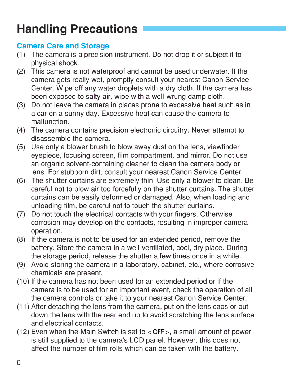 Canon EOS-1V HS manual Handling Precautions, Camera Care and Storage 