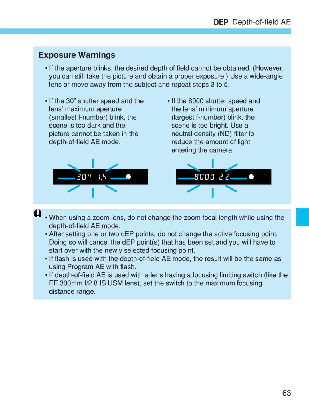 Canon EOS-1V HS manual Exposure Warnings 