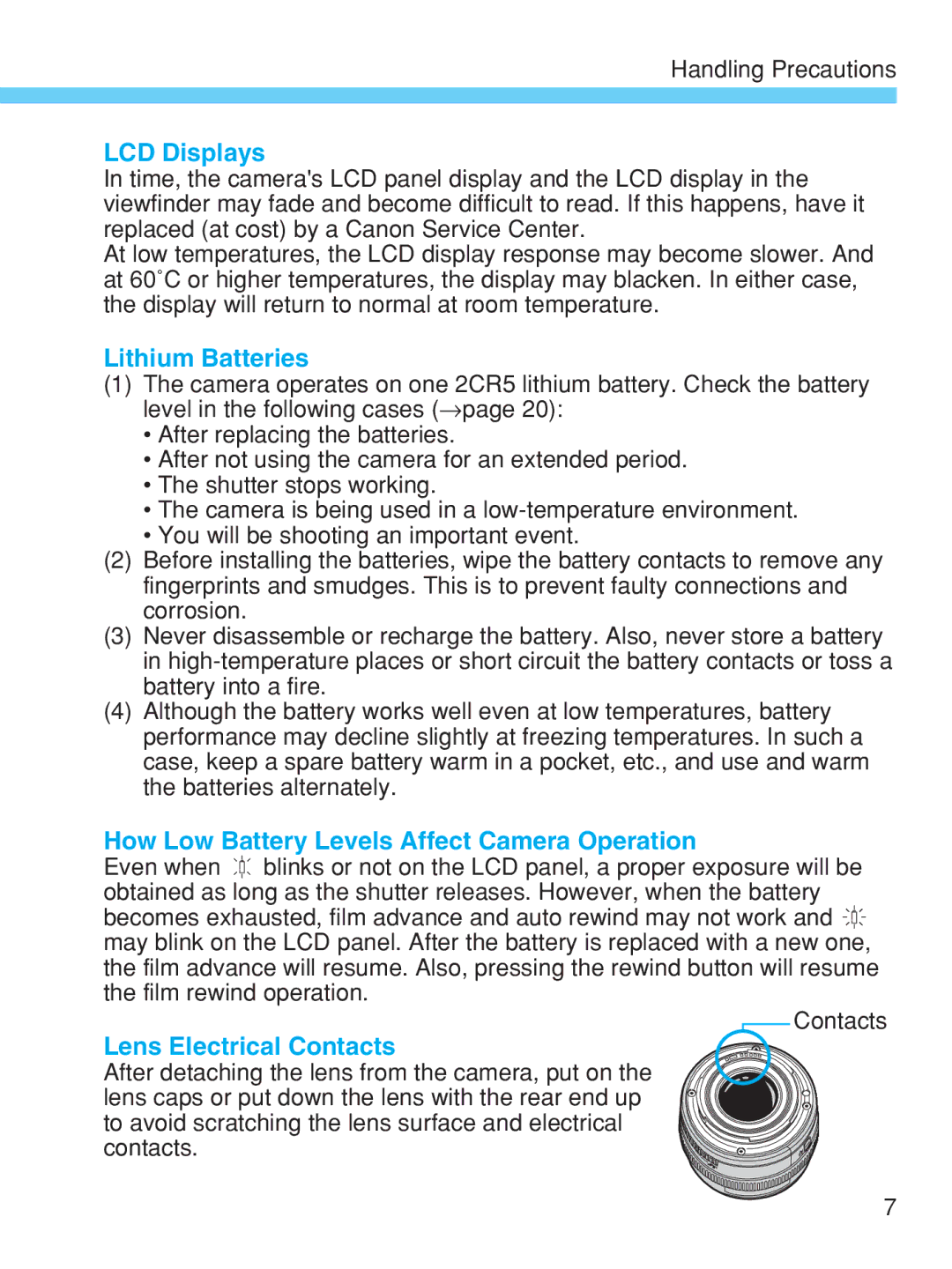 Canon EOS-1V LCD Displays, Lithium Batteries, How Low Battery Levels Affect Camera Operation, Lens Electrical Contacts 