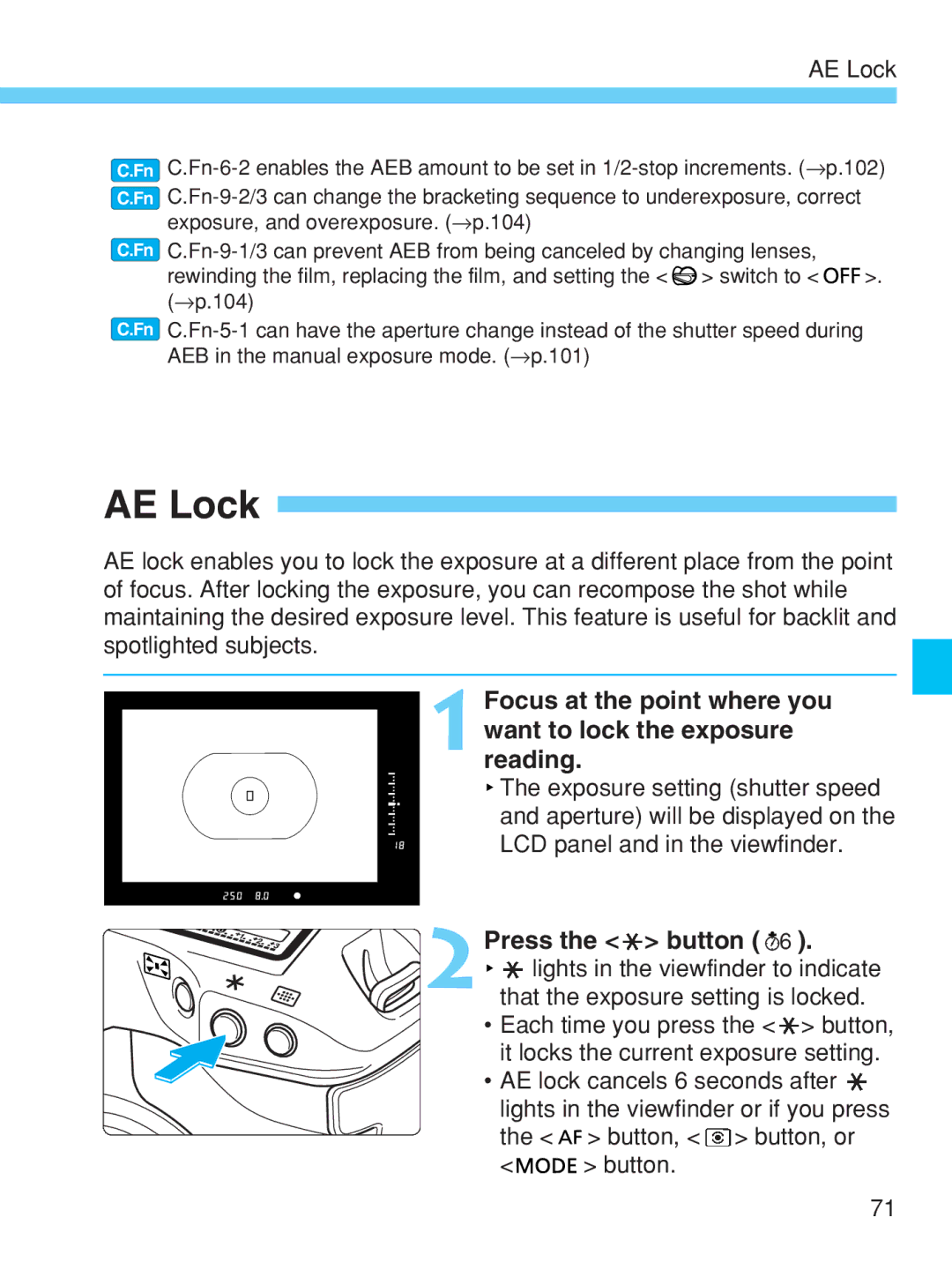 Canon EOS-1V HS manual AE Lock, 2Press the button 