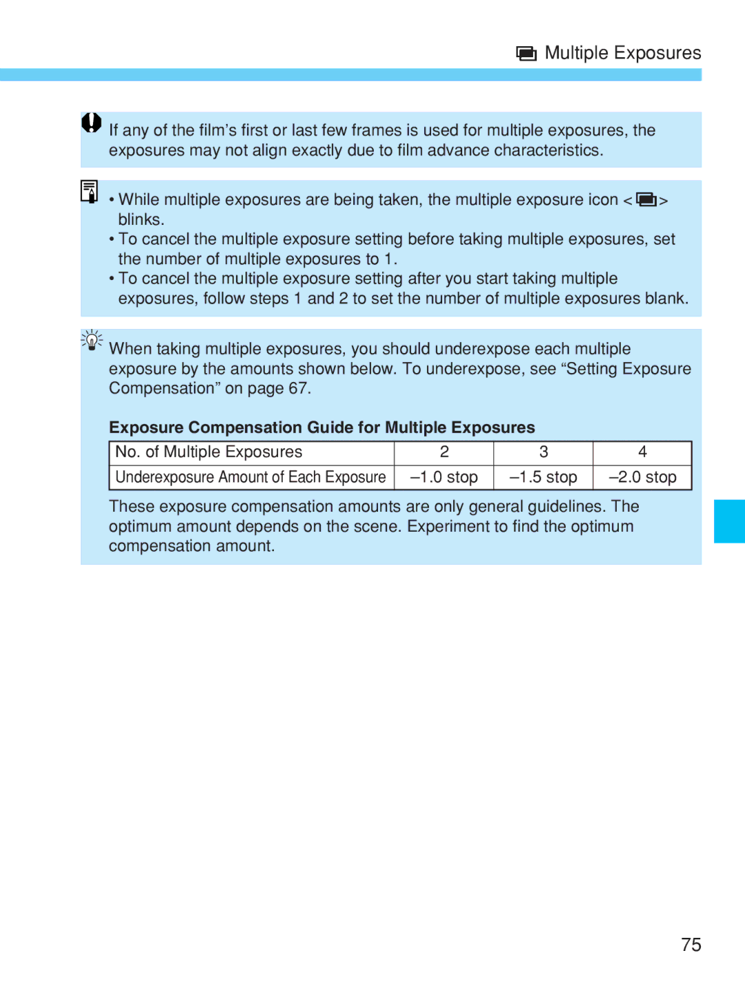 Canon EOS-1V HS manual Exposure Compensation Guide for Multiple Exposures 