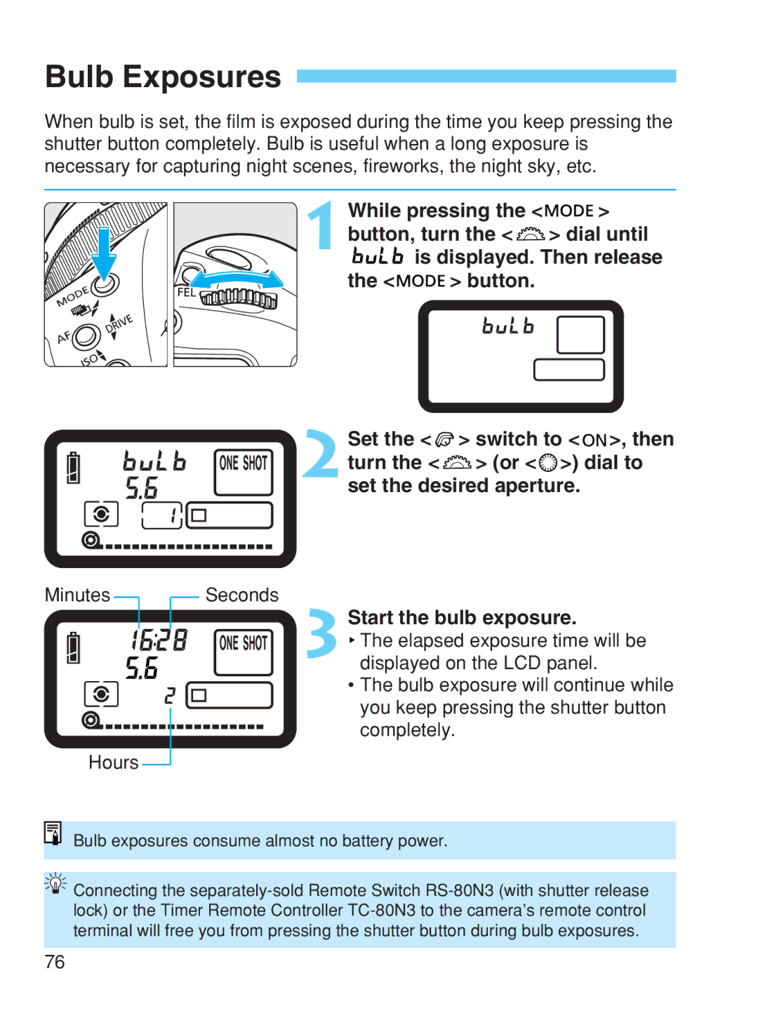 Canon EOS-1V HS manual Bulb Exposures, 3Start the bulb exposure 