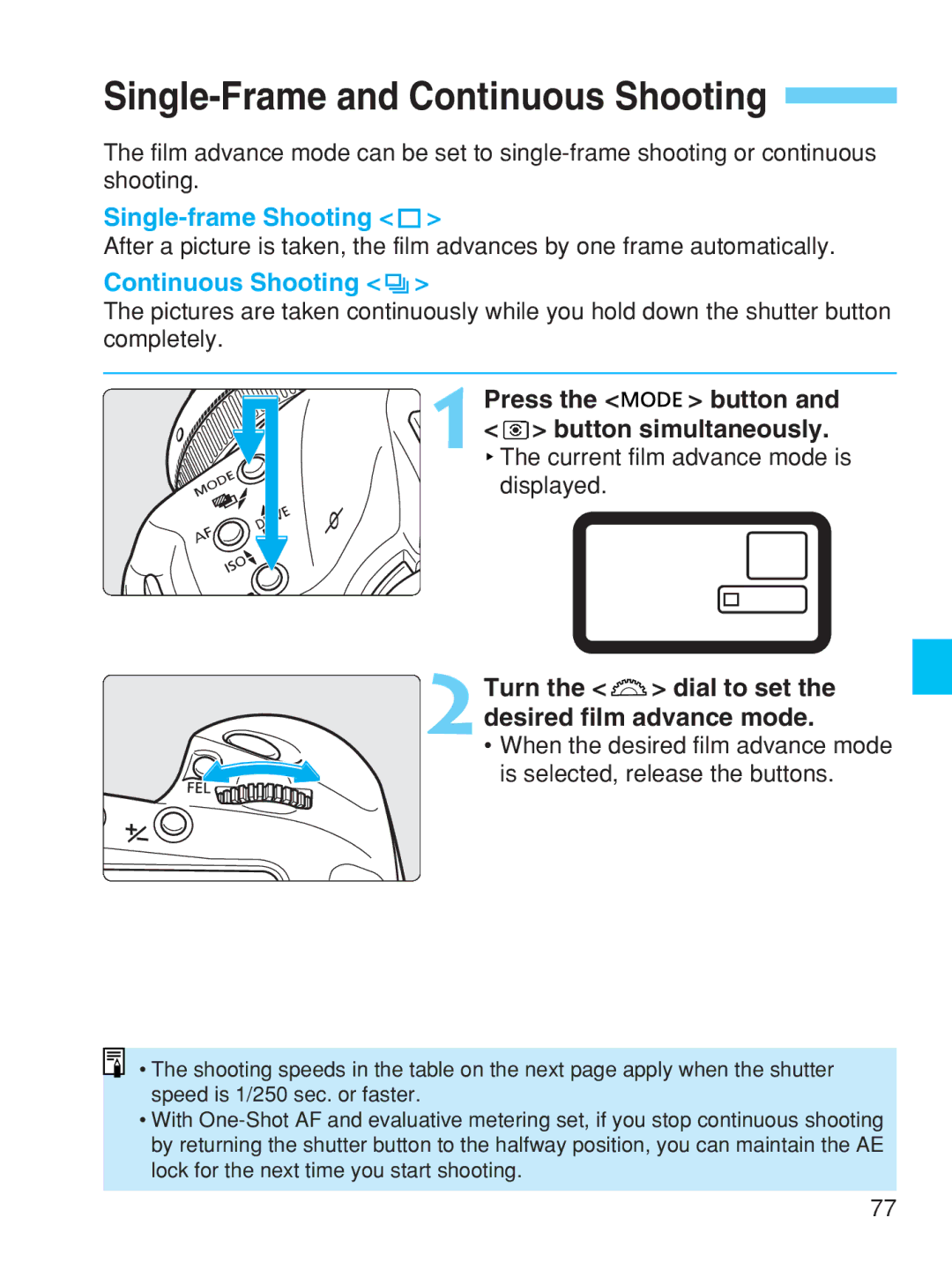 Canon EOS-1V HS manual Single-Frame and Continuous Shooting, Single-frame Shooting 