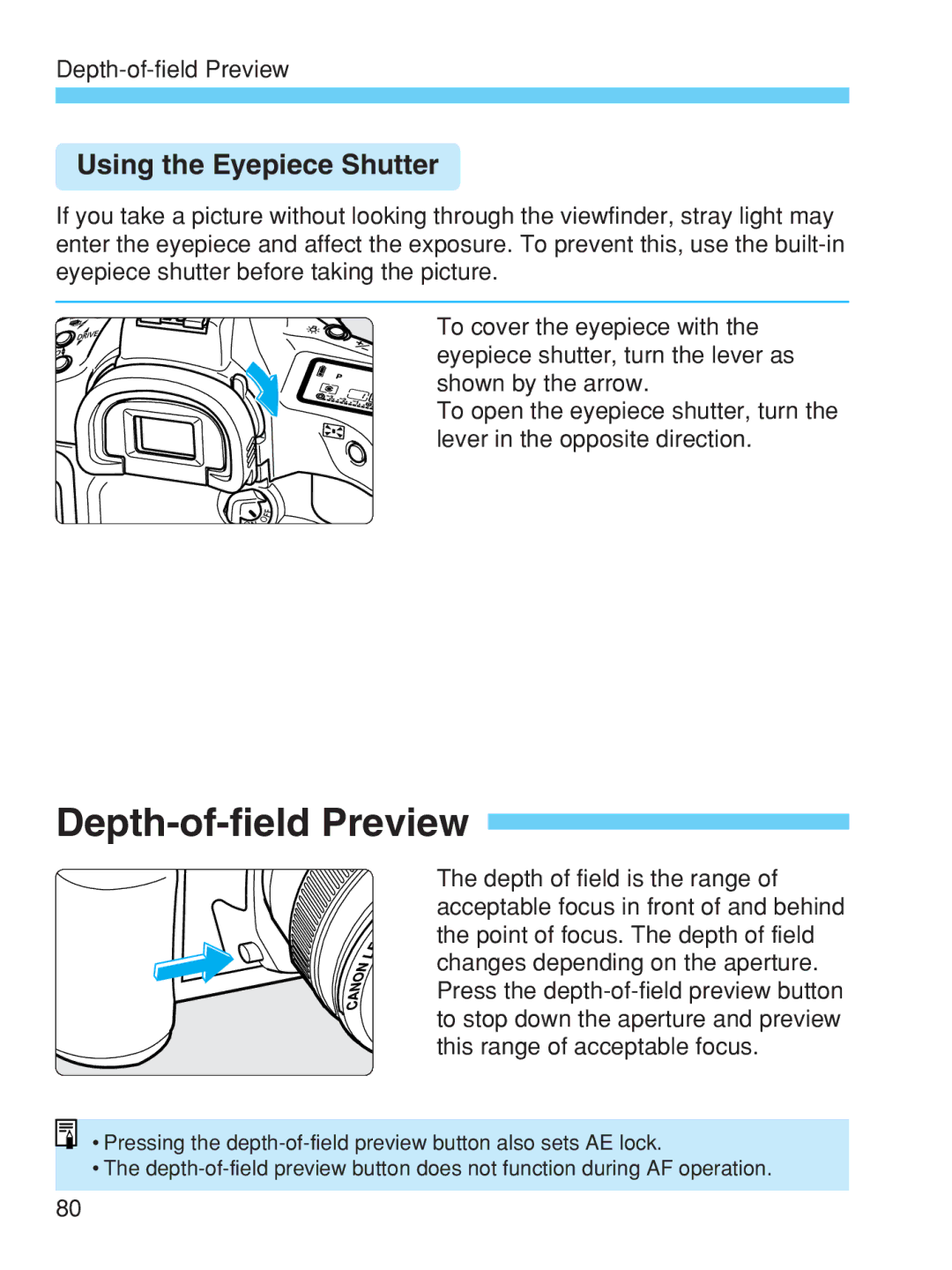 Canon EOS-1V HS manual Depth-of-field Preview, Using the Eyepiece Shutter 