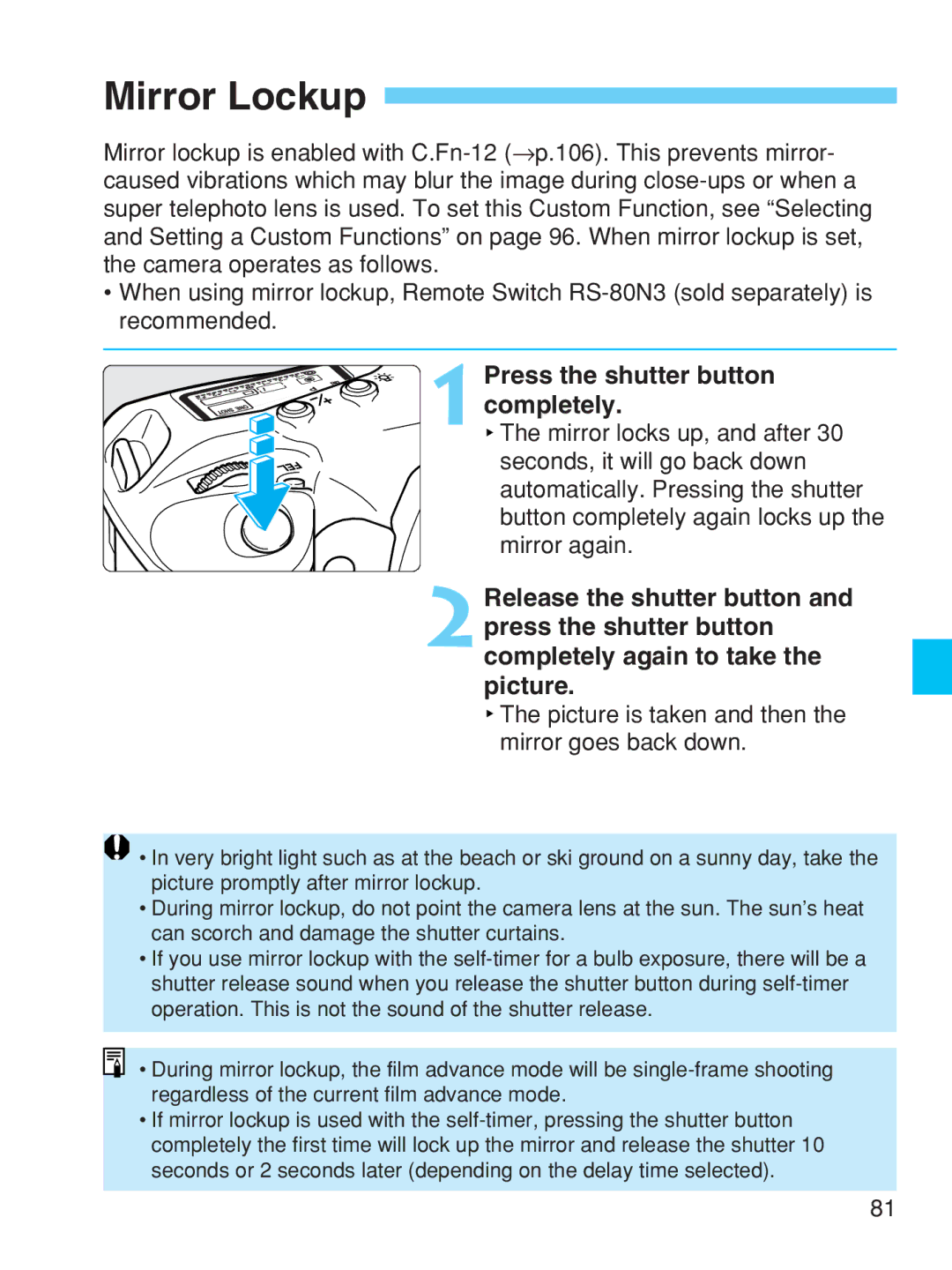 Canon EOS-1V HS manual Mirror Lockup, Press the shutter button completely 