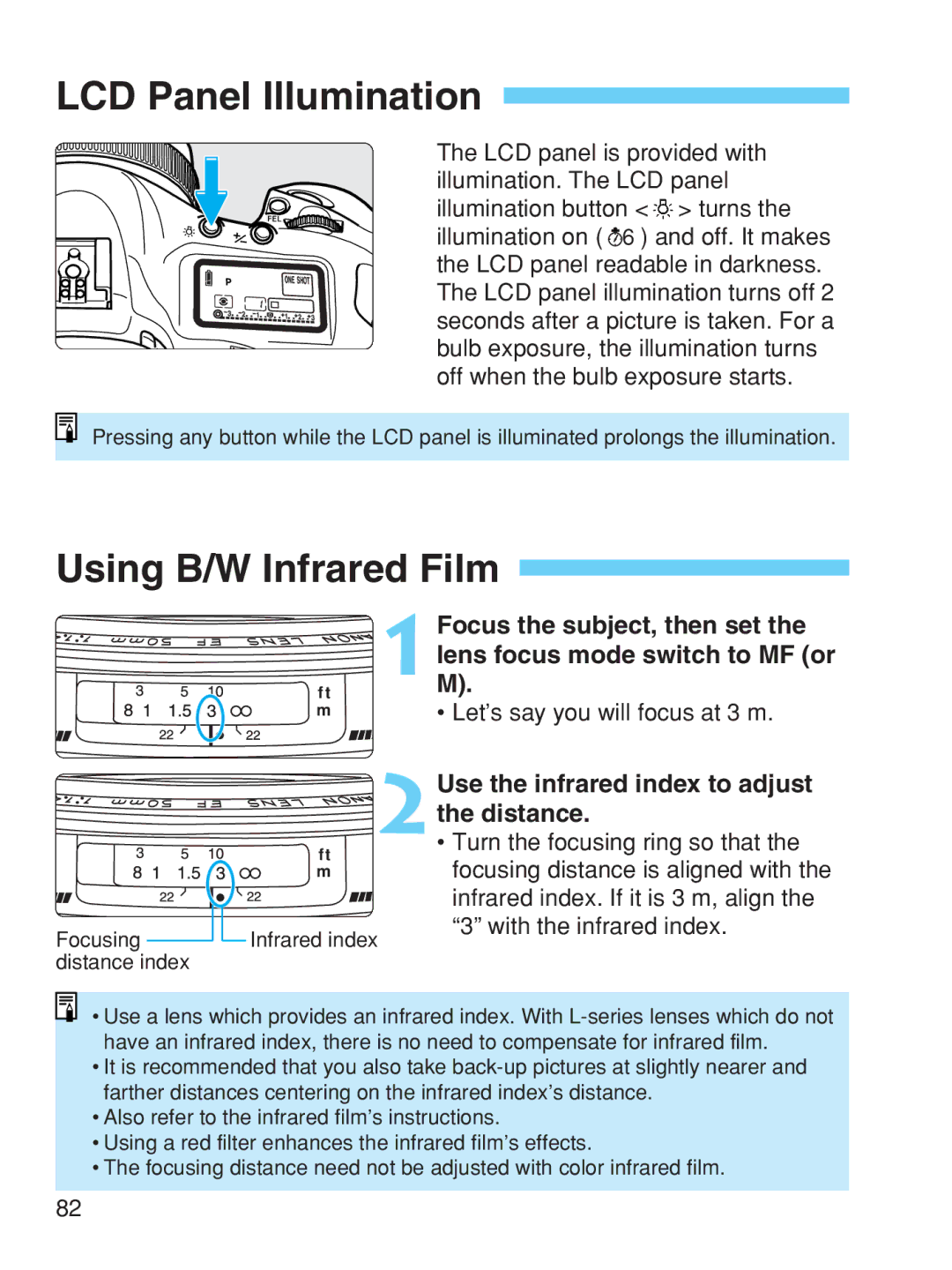 Canon EOS-1V HS manual LCD Panel Illumination, Using B/W Infrared Film, 2Use the infrared index to adjust the distance 