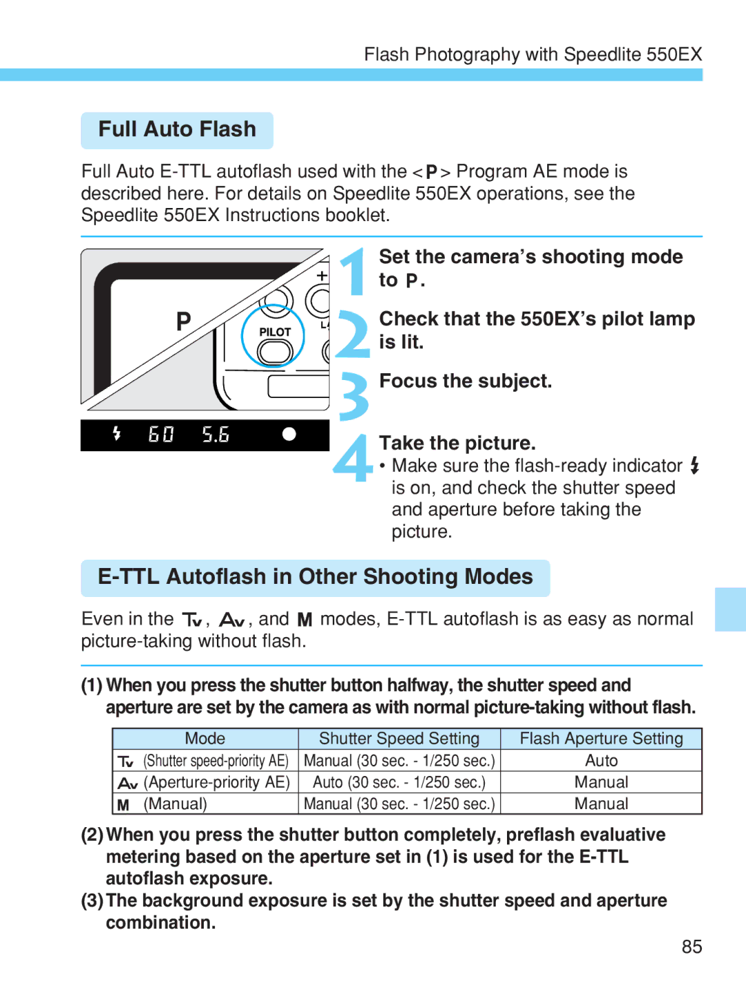 Canon EOS-1V HS manual Full Auto Flash, TTL Autoflash in Other Shooting Modes 