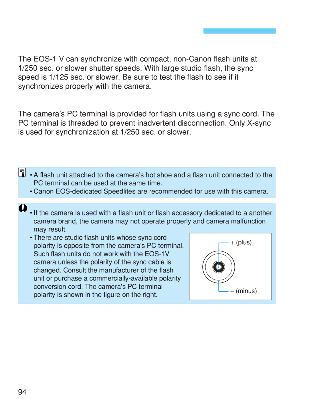 Canon EOS-1V HS manual Using Non-Canon Flash Units, Sync Speed, PC Terminal 
