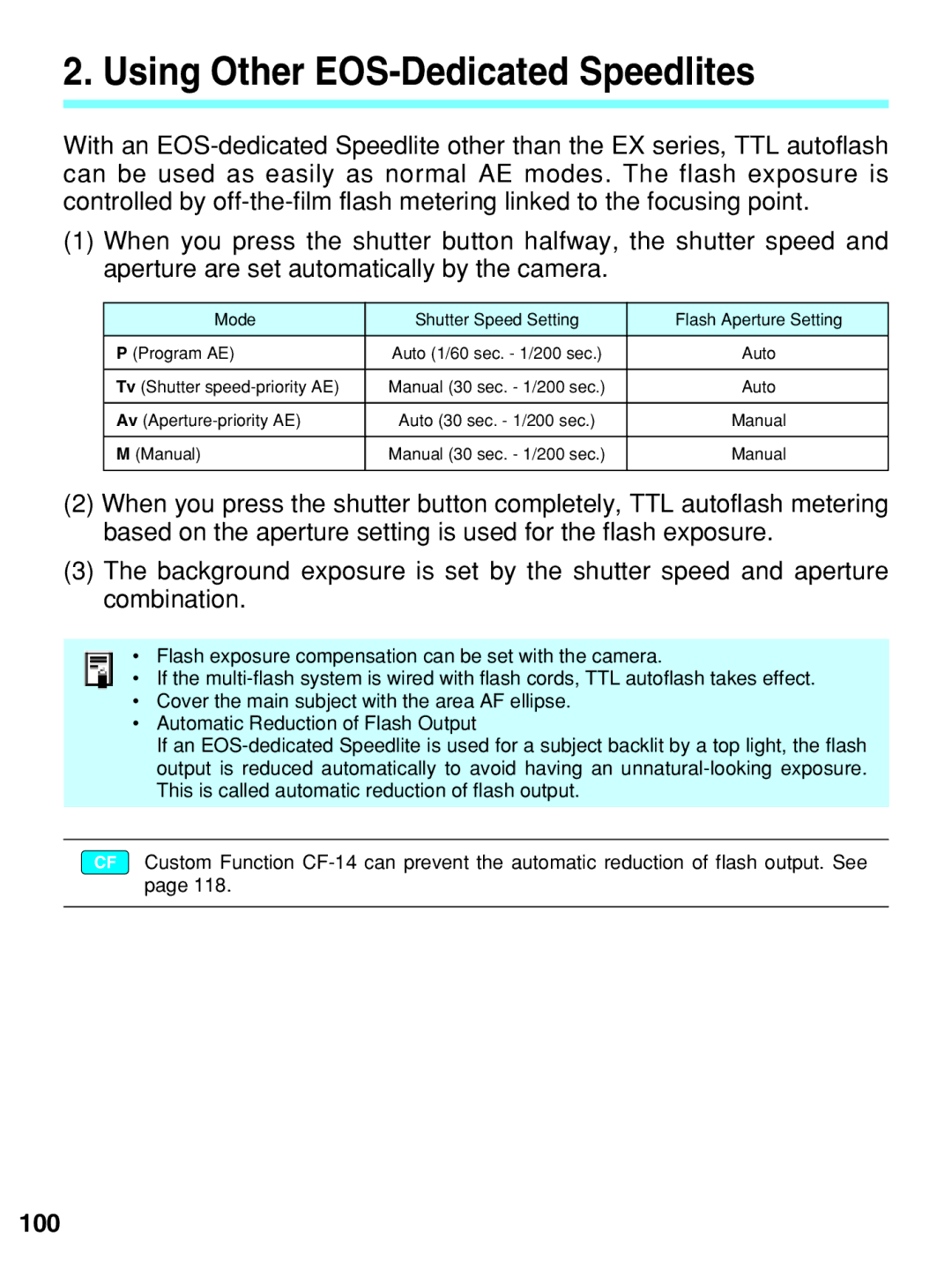 Canon EOS-3 manual Using Other EOS-Dedicated Speedlites, 100 