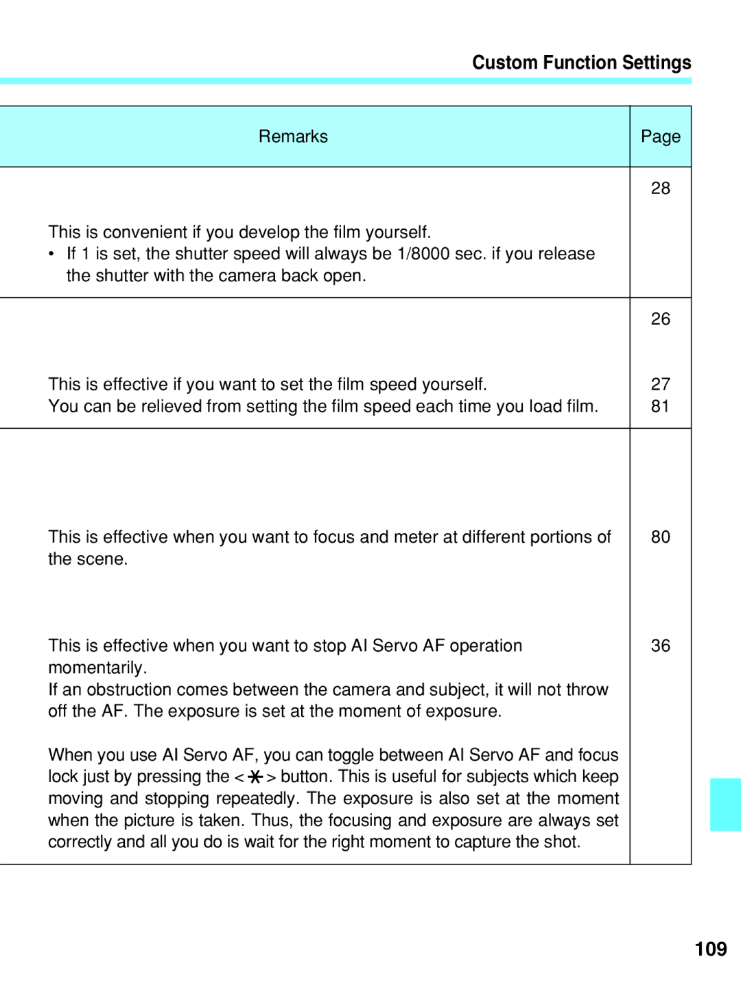 Canon EOS-3 manual Custom Function Settings, 109 