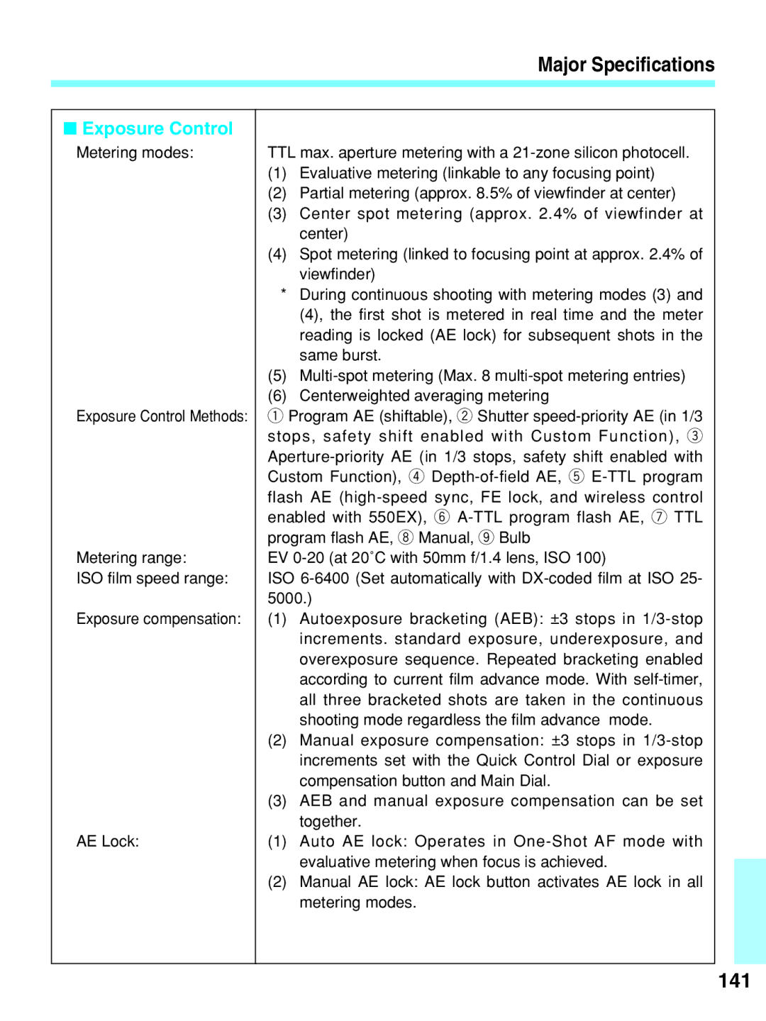 Canon EOS-3 manual Major Specifications, 141 