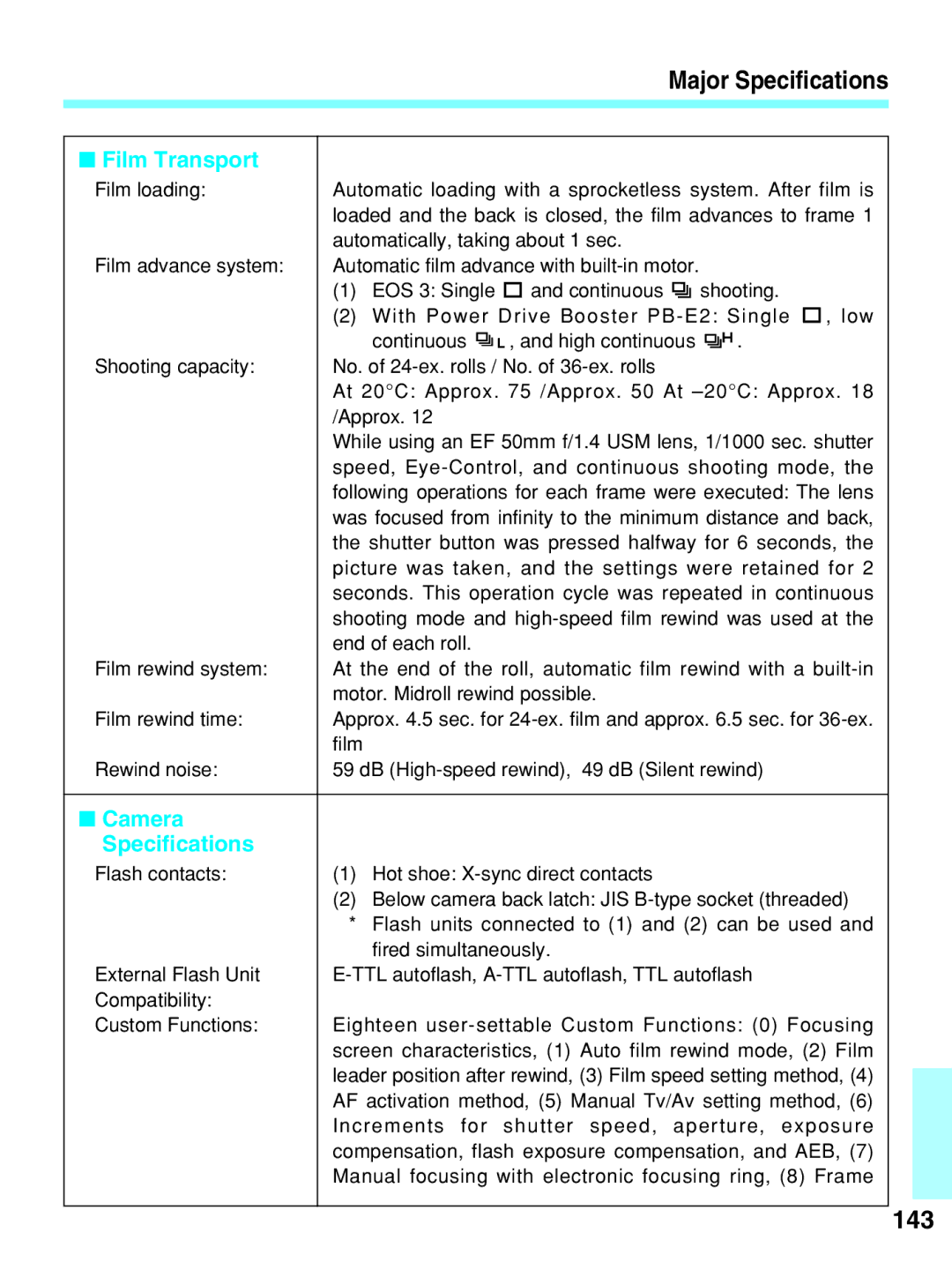 Canon EOS-3 manual 143, Film Transport 