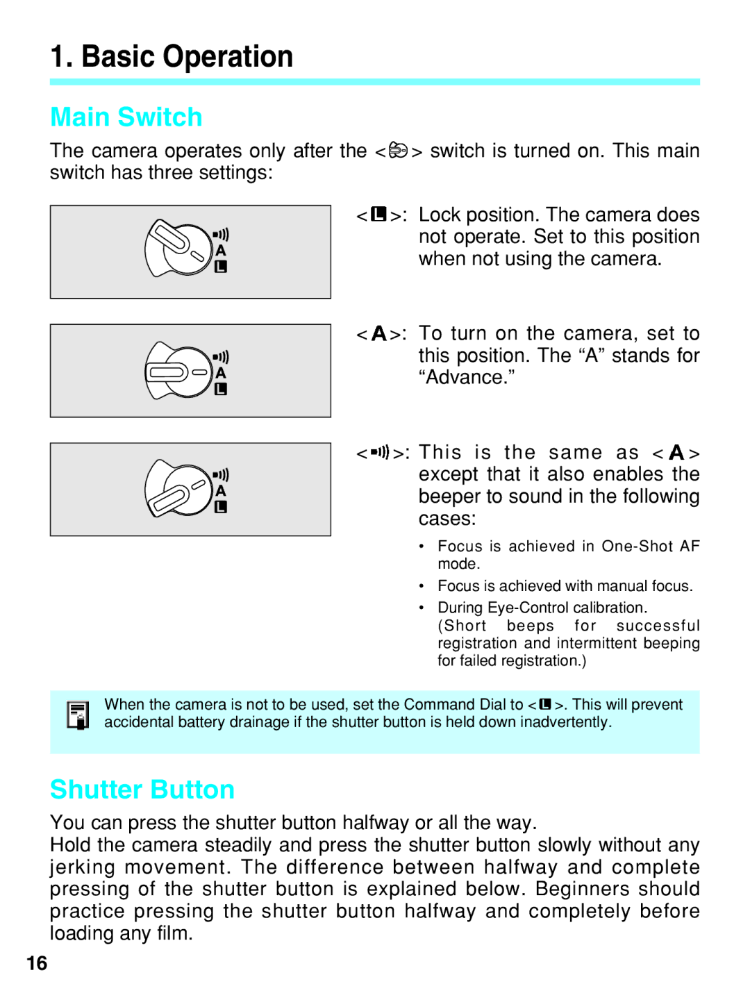 Canon EOS-3 manual Basic Operation, Main Switch, Shutter Button 