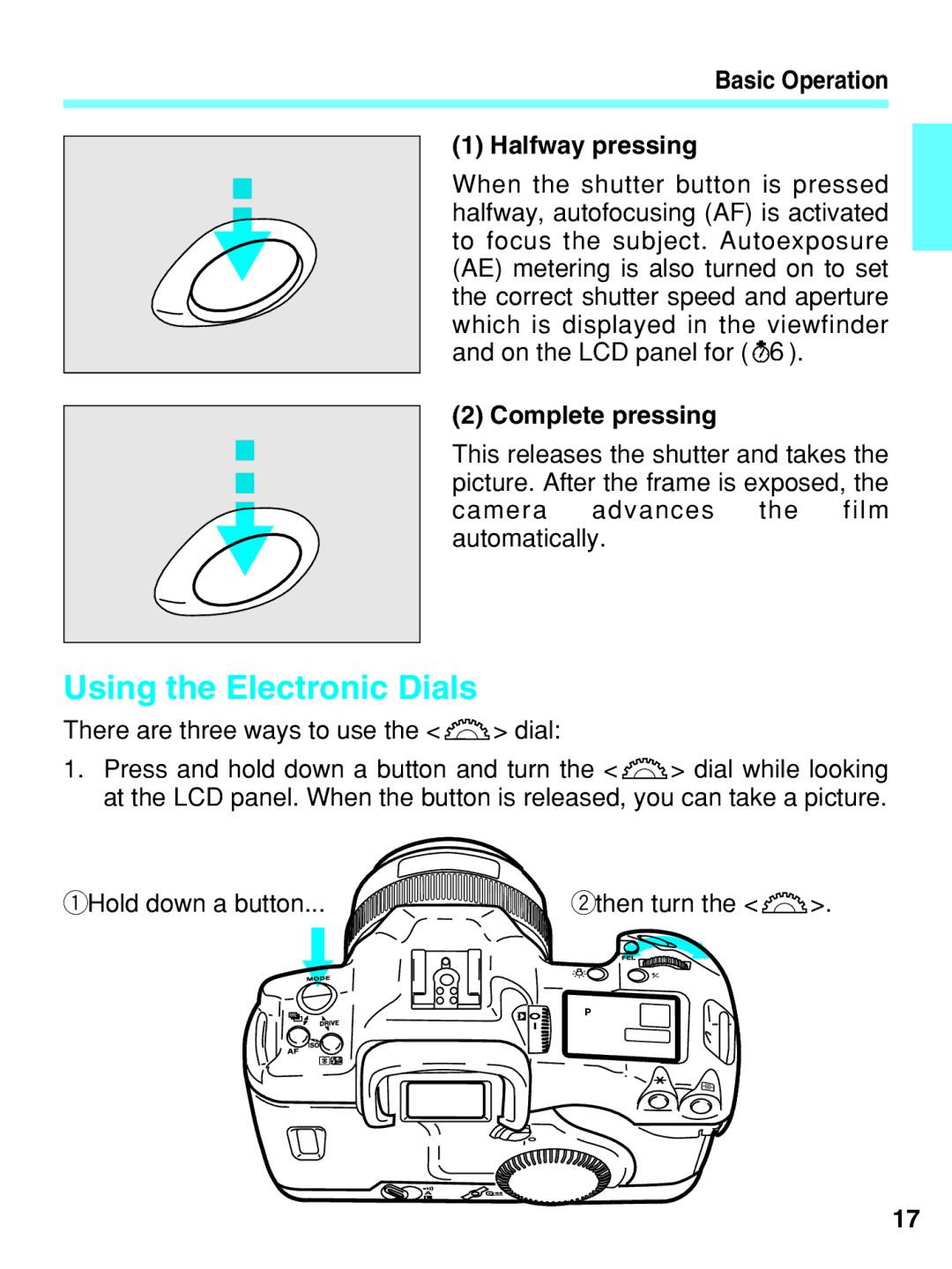 Canon EOS-3 manual Using the Electronic Dials, Basic Operation Halfway pressing, Complete pressing 