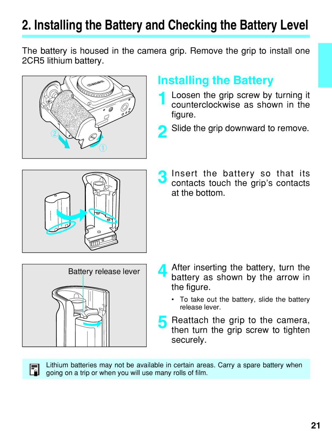 Canon EOS-3 manual Installing the Battery and Checking the Battery Level 