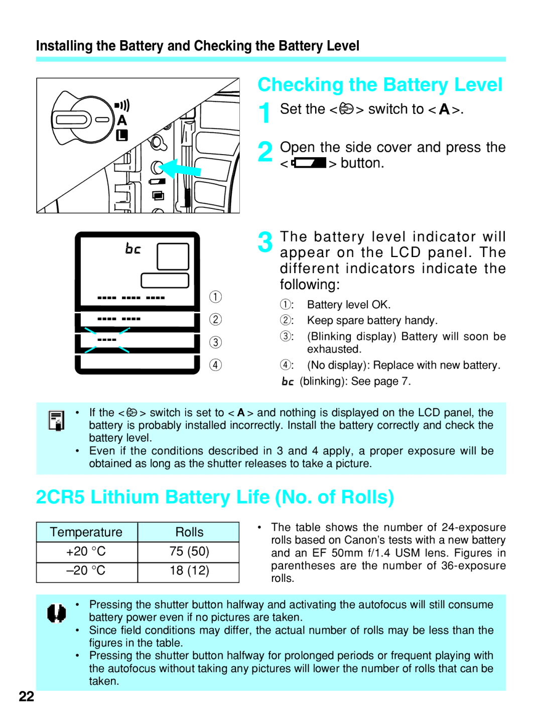 Canon EOS-3 manual Checking the Battery Level, 2CR5 Lithium Battery Life No. of Rolls 