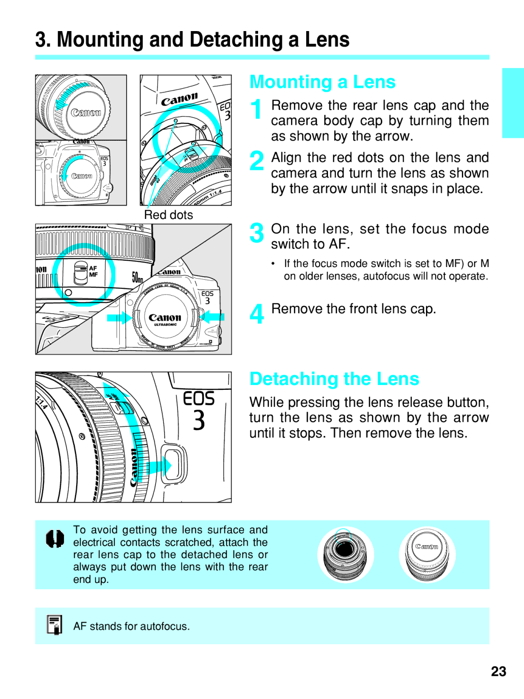 Canon EOS-3 manual Mounting and Detaching a Lens, Mounting a Lens, Detaching the Lens, Remove the front lens cap 