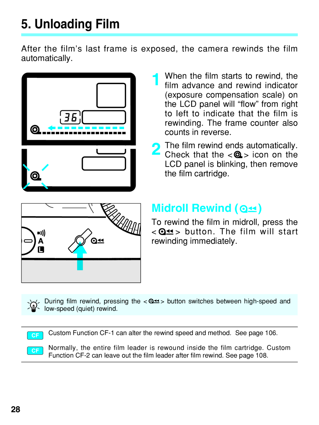 Canon EOS-3 manual Unloading Film, Midroll Rewind 