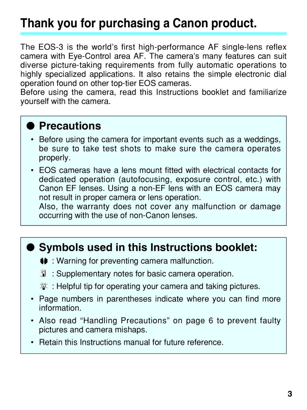 Canon EOS-3 manual Thank you for purchasing a Canon product, Precautions 