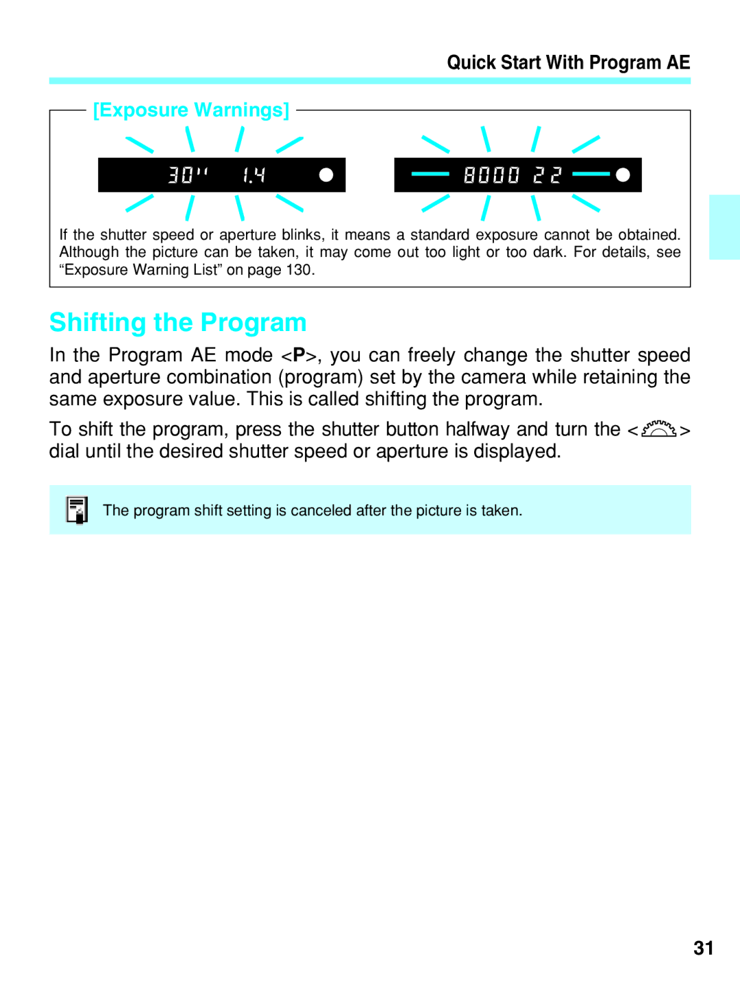 Canon EOS-3 manual Shifting the Program, Exposure Warnings 