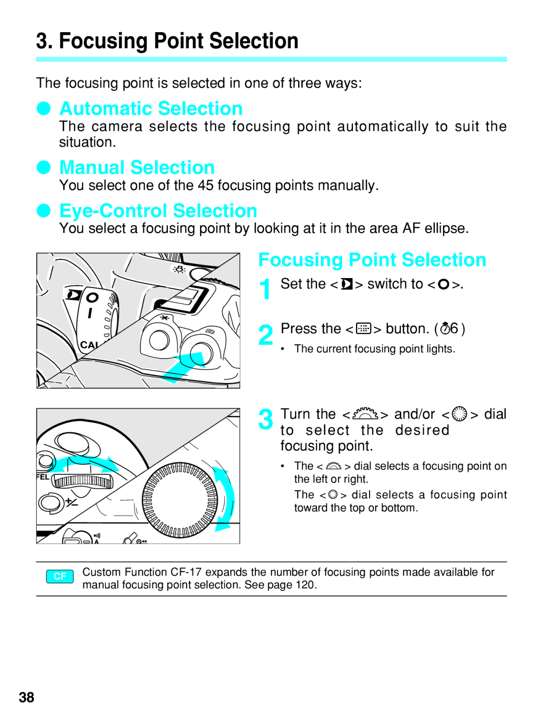 Canon EOS-3 manual Focusing Point Selection, Automatic Selection, Manual Selection, Eye-Control Selection 