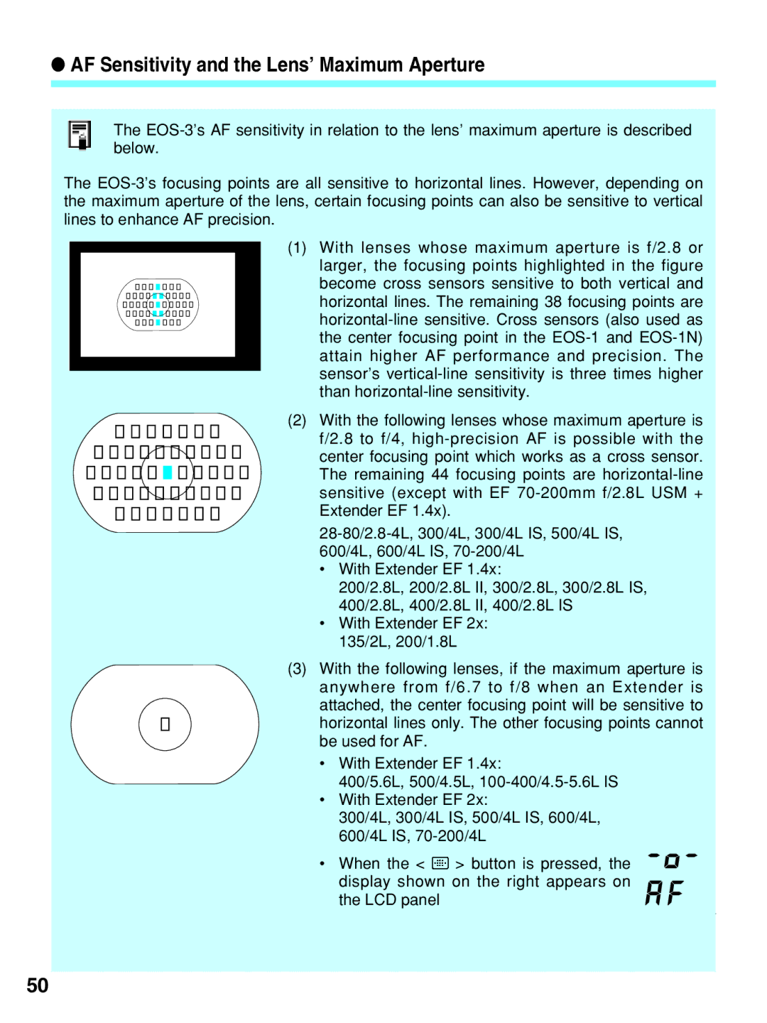 Canon EOS-3 manual AF Sensitivity and the Lens’ Maximum Aperture 