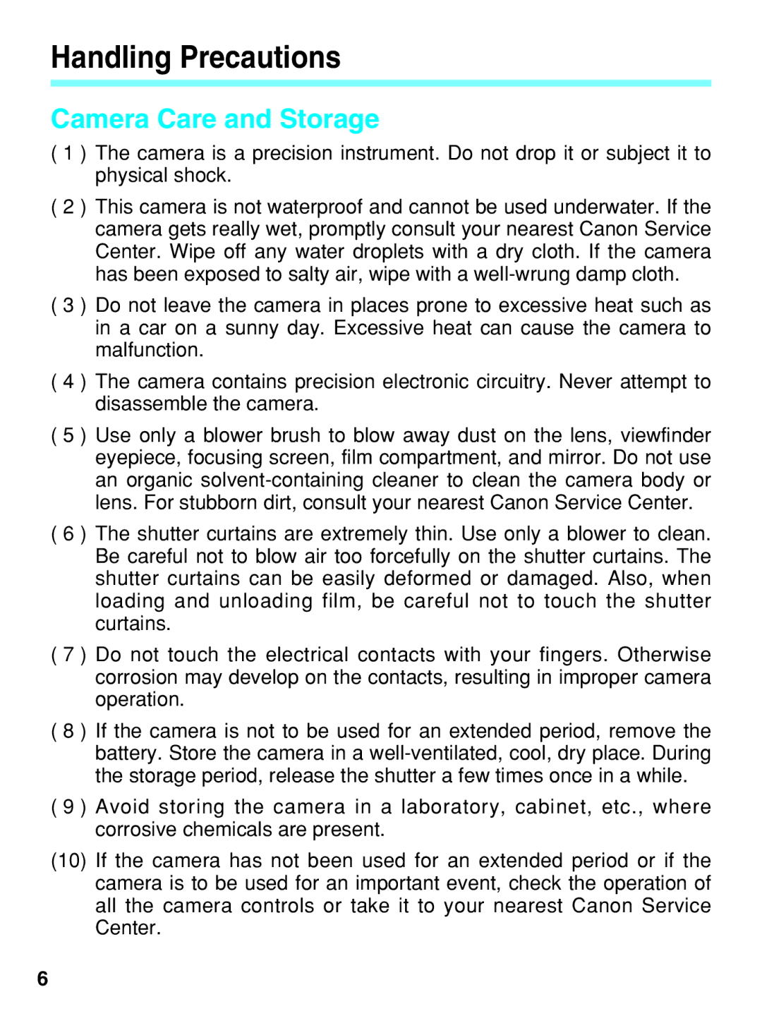 Canon EOS-3 manual Handling Precautions, Camera Care and Storage 