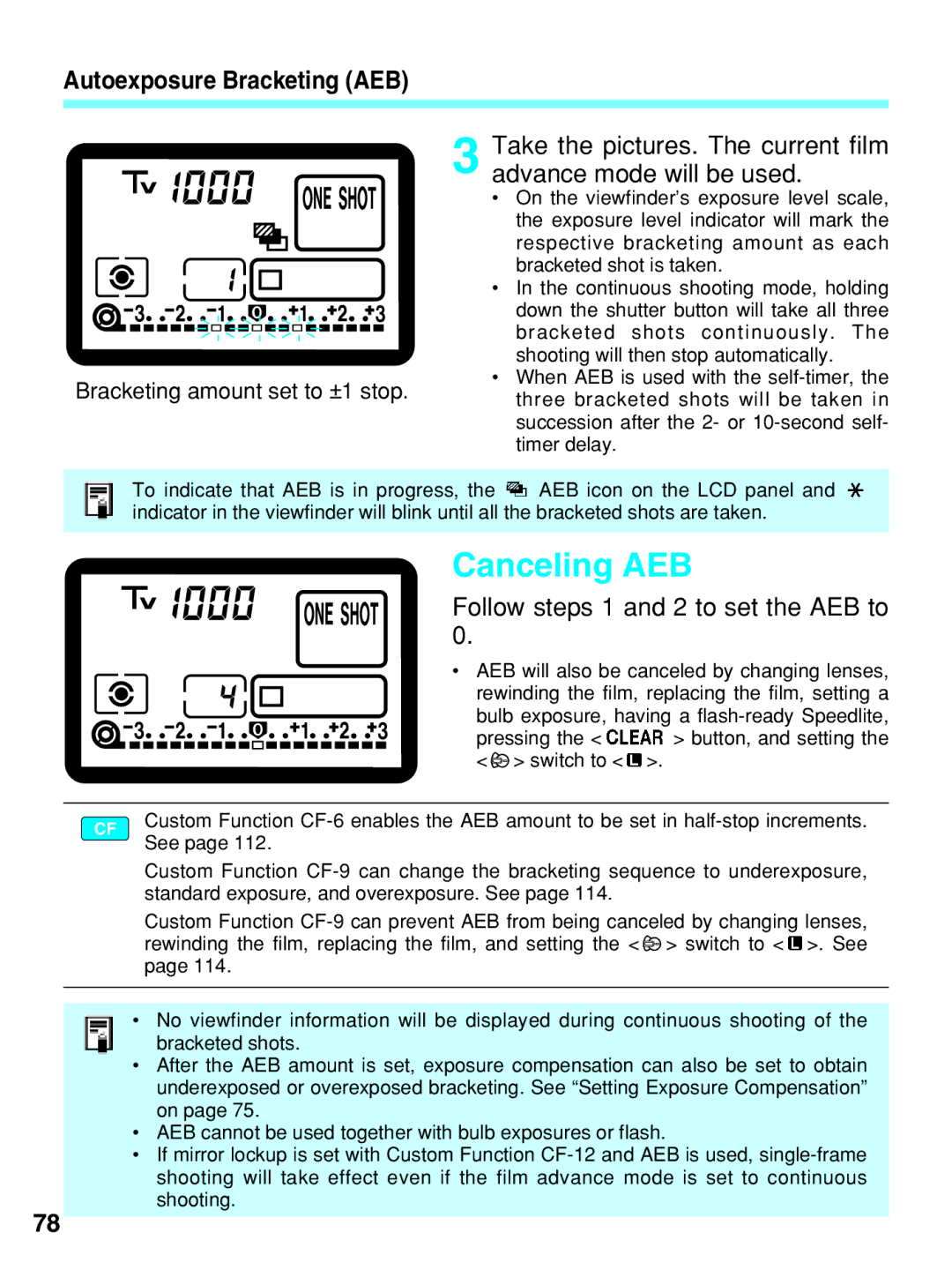 Canon EOS-3 manual Canceling AEB, Autoexposure Bracketing AEB, Follow steps 1 and 2 to set the AEB to 