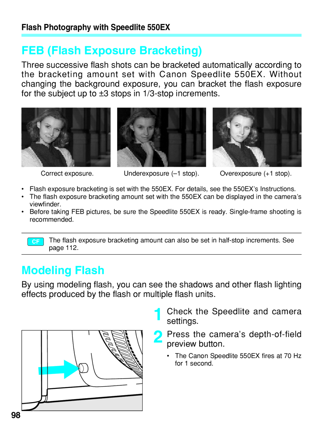 Canon EOS-3 manual FEB Flash Exposure Bracketing, Modeling Flash 