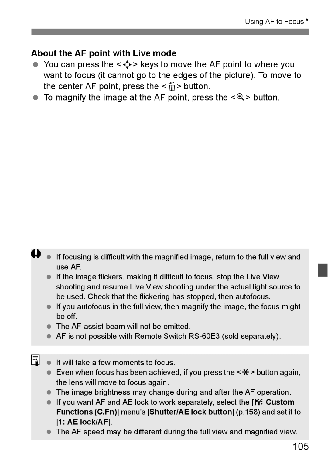 Canon EOS 450D instruction manual 105, About the AF point with Live mode 