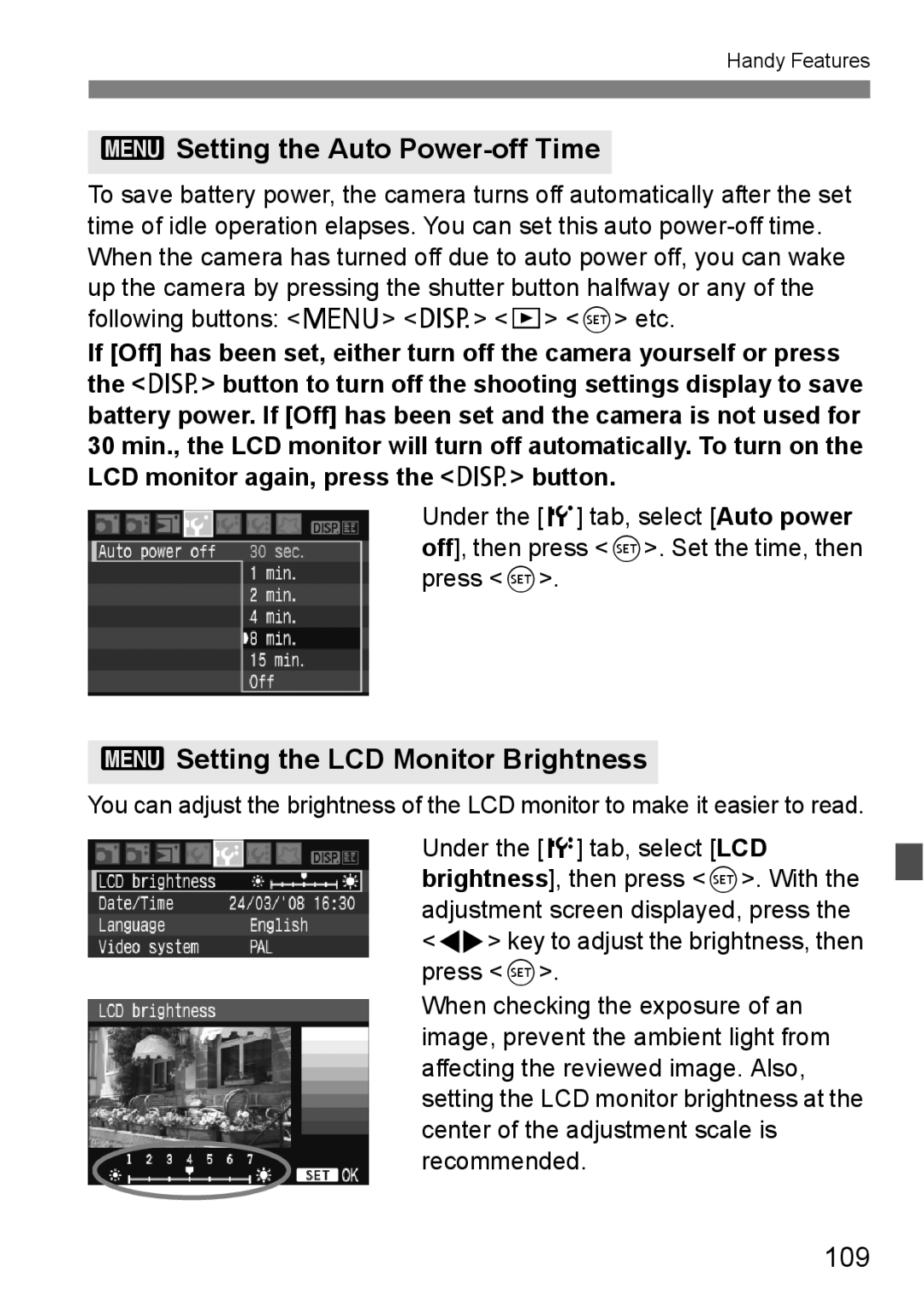 Canon EOS 450D instruction manual Setting the Auto Power-off Time, 3Setting the LCD Monitor Brightness, 109 