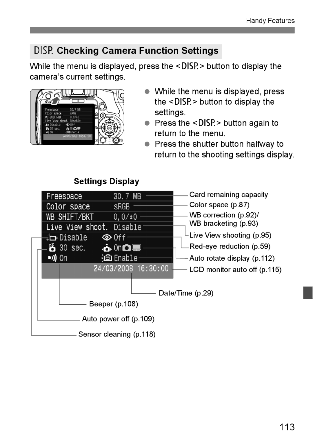 Canon EOS 450D instruction manual BChecking Camera Function Settings, 113, Settings Display 