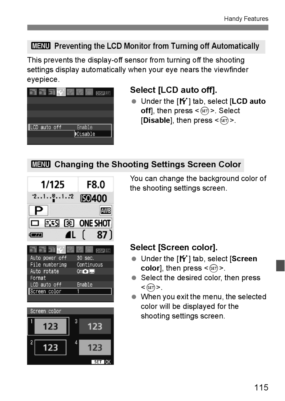 Canon EOS 450D 3Preventing the LCD Monitor from Turning off Automatically, Select LCD auto off, Select Screen color, 115 