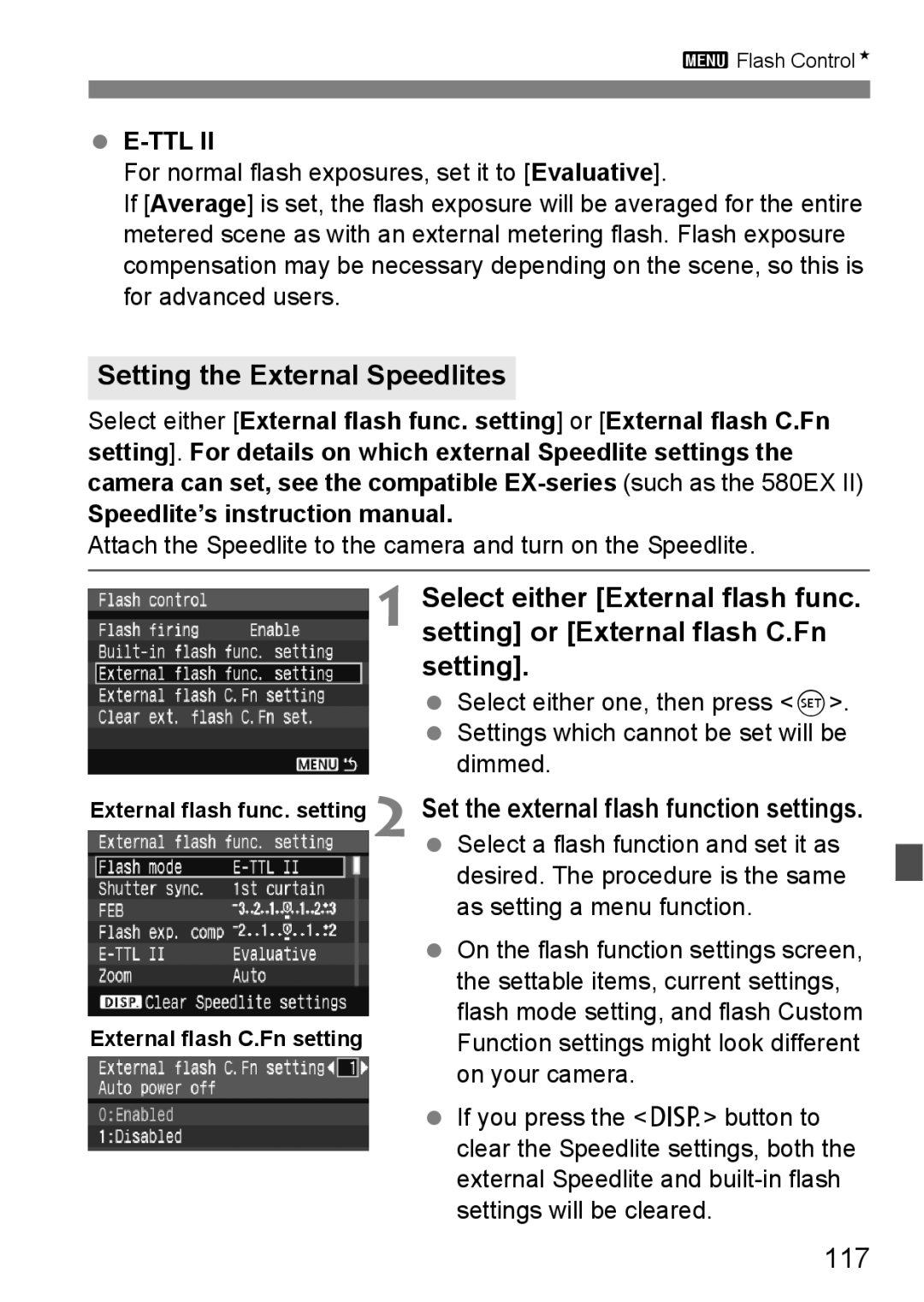 Canon EOS 450D Setting the External Speedlites, 117, External flash func. setting External flash C.Fn setting 