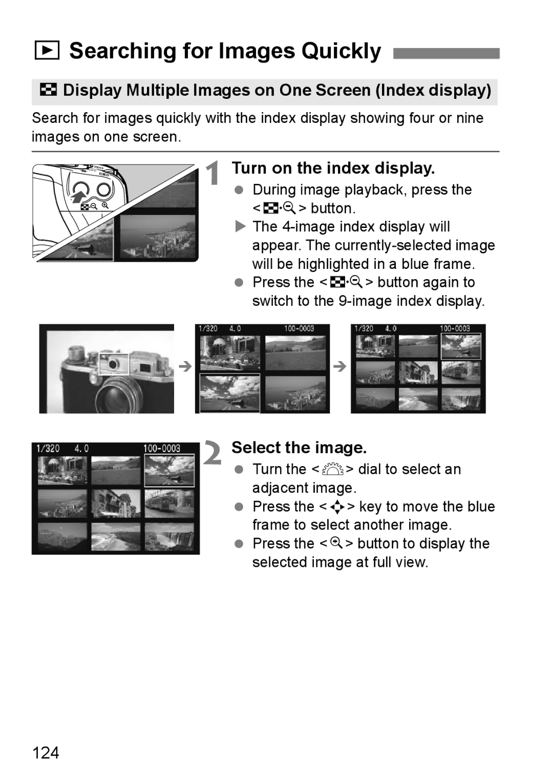 Canon EOS 450D instruction manual XSearching for Images Quickly, HDisplay Multiple Images on One Screen Index display, 124 