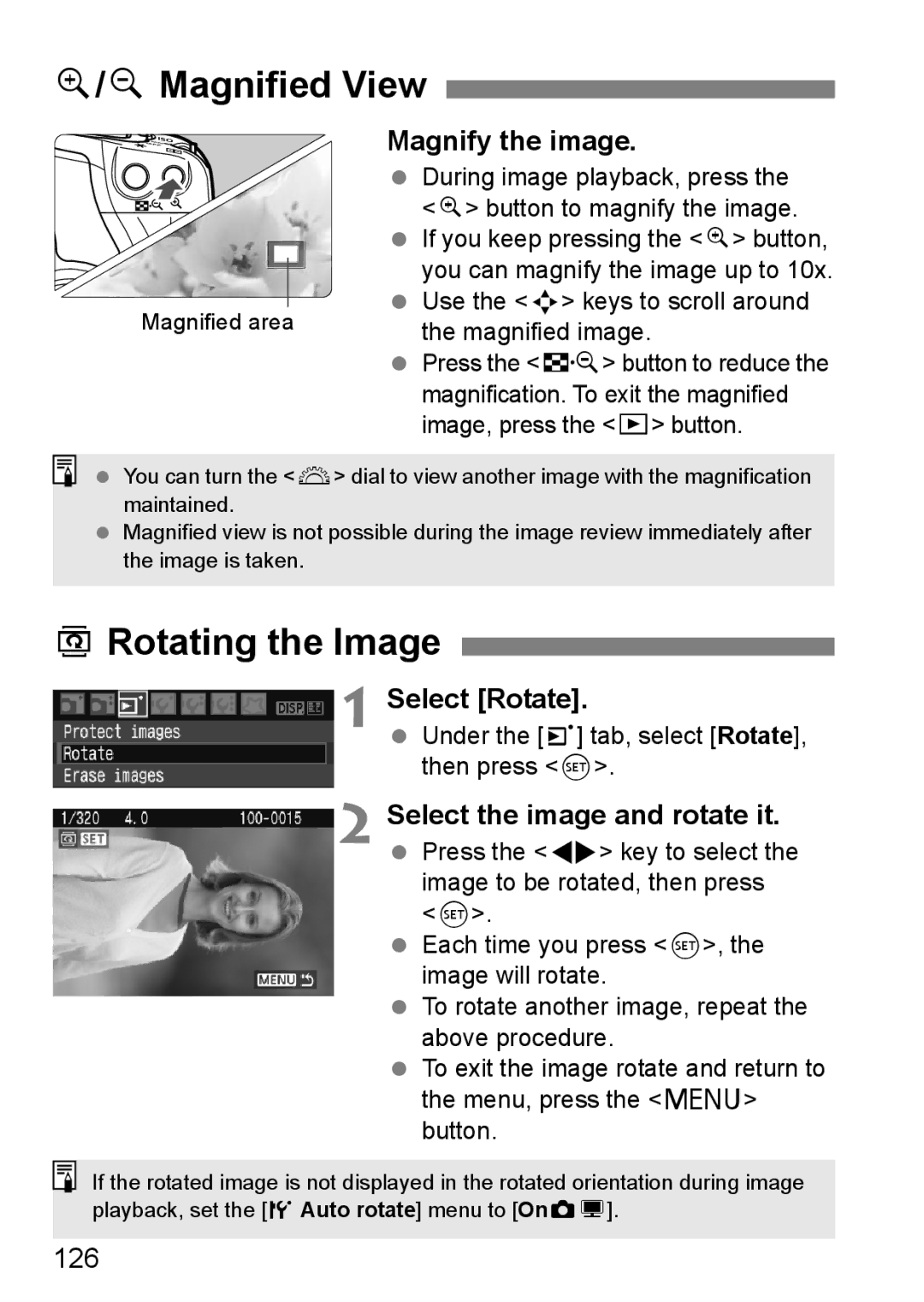 Canon EOS 450D instruction manual YMagnified View, BRotating the Image, Select Rotate, Select the image and rotate it, 126 