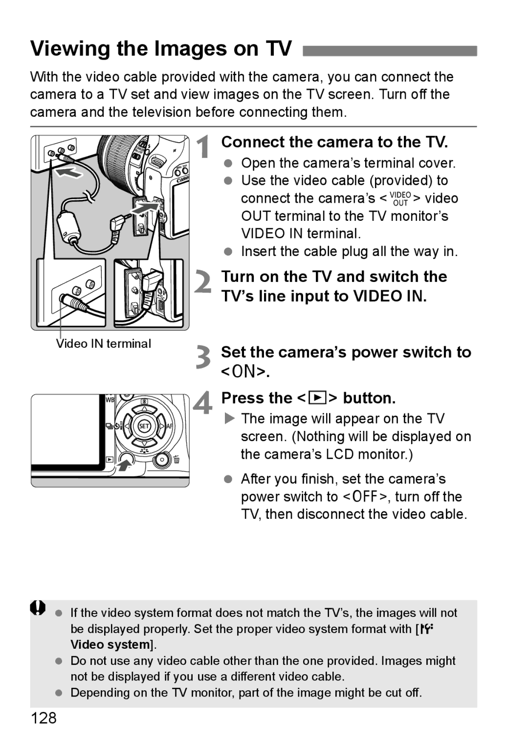 Canon EOS 450D instruction manual Viewing the Images on TV, Connect the camera to the TV, 128 