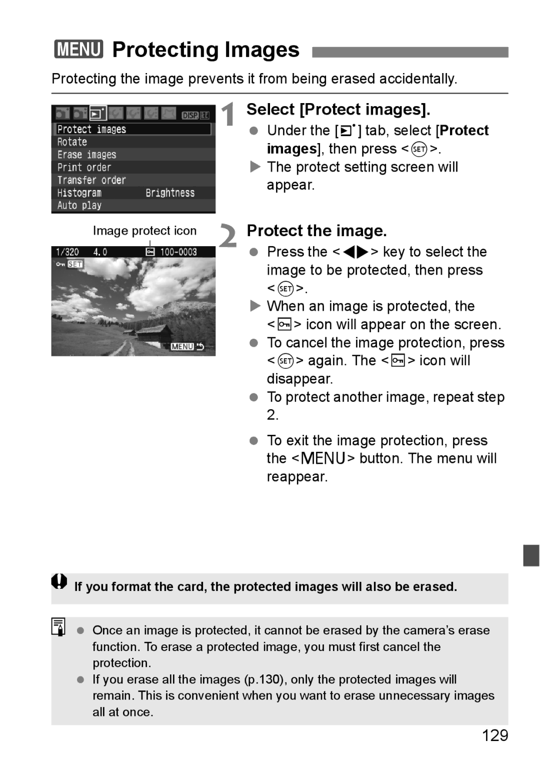 Canon EOS 450D instruction manual 3Protecting Images, Select Protect images, Protect the image, 129 