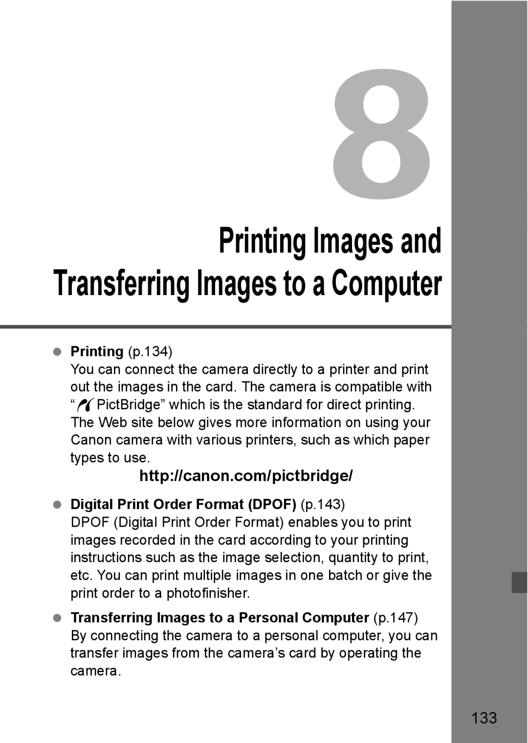 Canon EOS 450D instruction manual 133, Printing p.134, Digital Print Order Format Dpof p.143 