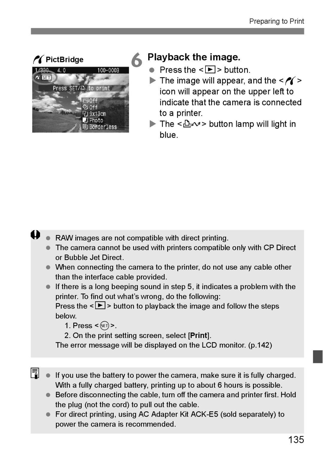 Canon EOS 450D instruction manual 135, Press the x button, Icon will appear on the upper left to, To a printer 