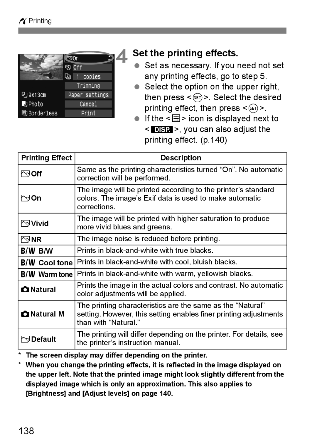 Canon EOS 450D instruction manual Set the printing effects, 138 