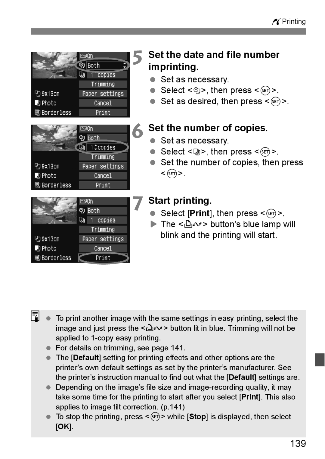 Canon EOS 450D instruction manual Set the date and file number imprinting, Start printing, 139 