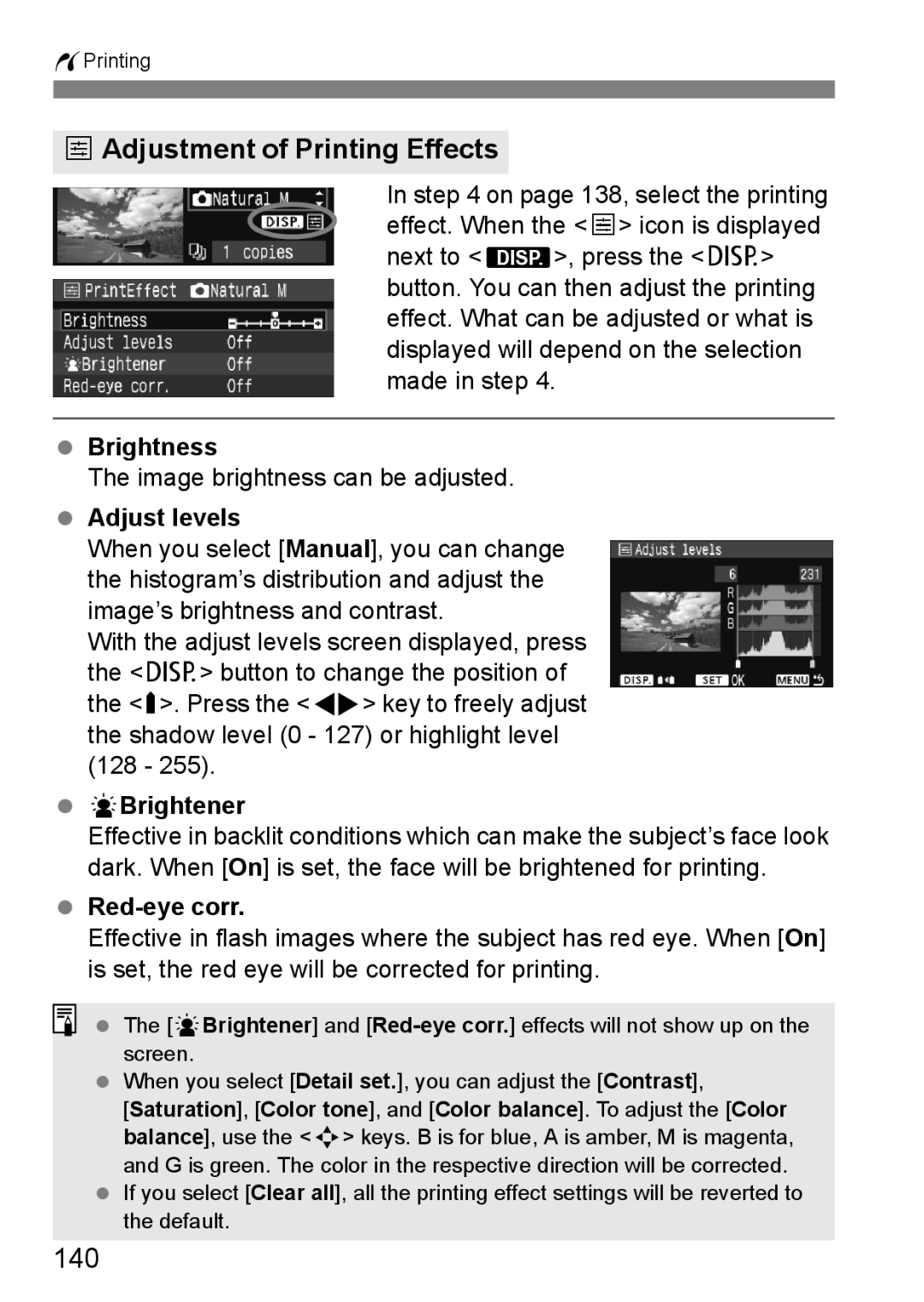 Canon EOS 450D instruction manual EAdjustment of Printing Effects, 140 