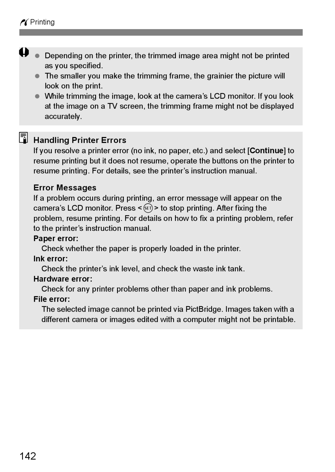 Canon EOS 450D instruction manual 142, Handling Printer Errors Error Messages 