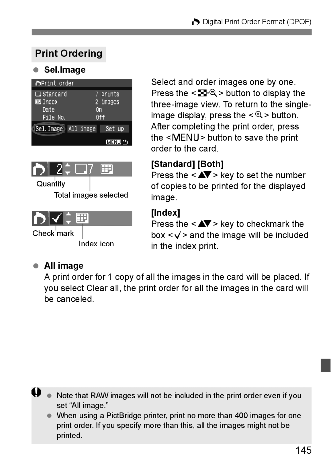 Canon EOS 450D instruction manual Print Ordering, 145 