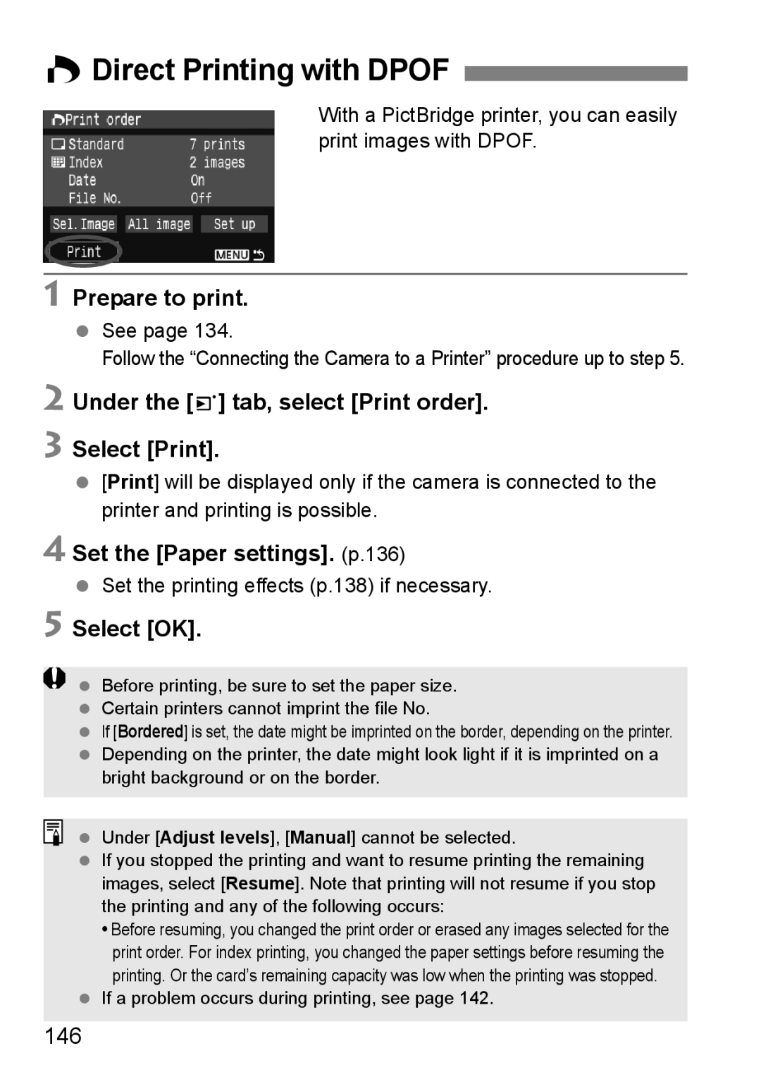 Canon EOS 450D WDirect Printing with Dpof, Prepare to print, Under the 3 tab, select Print order Select Print, 146 