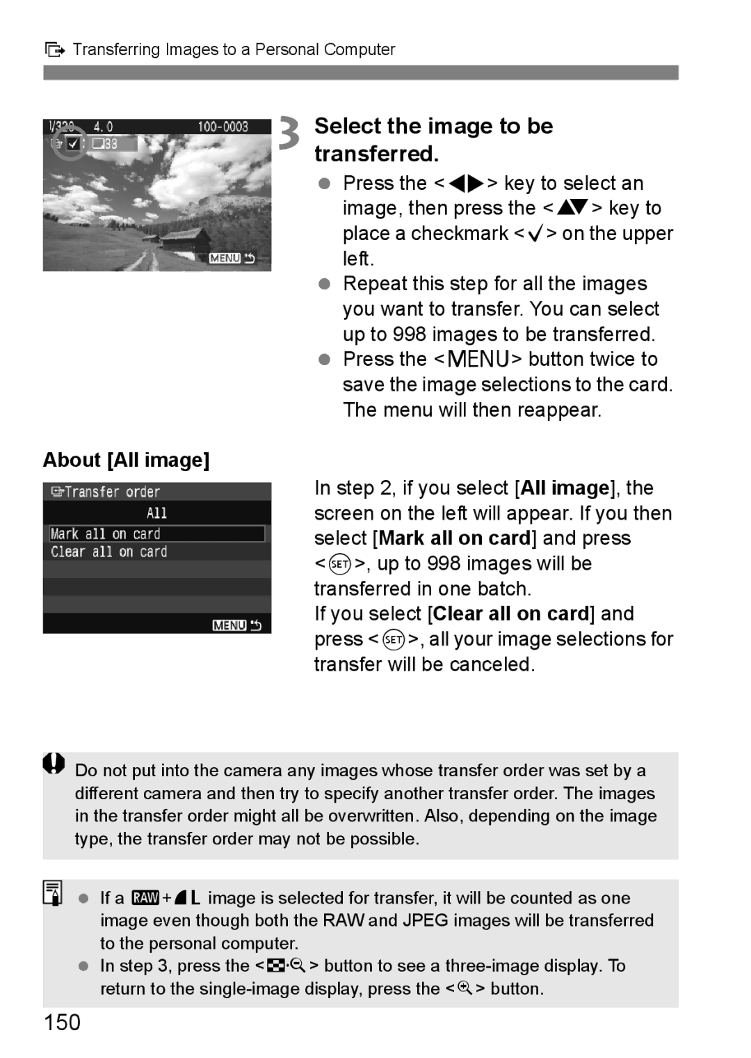 Canon EOS 450D instruction manual Select the image to be transferred, 150, About All image 