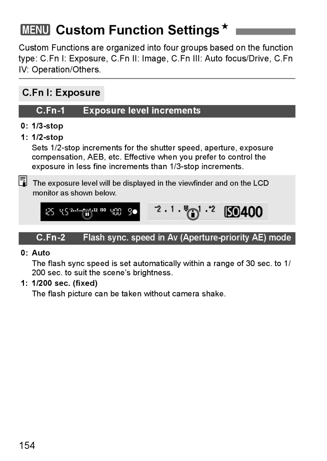 Canon EOS 450D instruction manual 3Custom Function SettingsN, Fn I Exposure, 154 