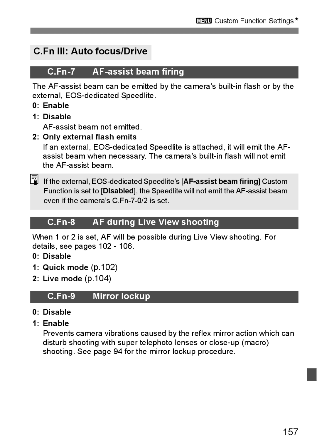 Canon EOS 450D instruction manual Fn III Auto focus/Drive, 157, Enable Disable, Only external flash emits 